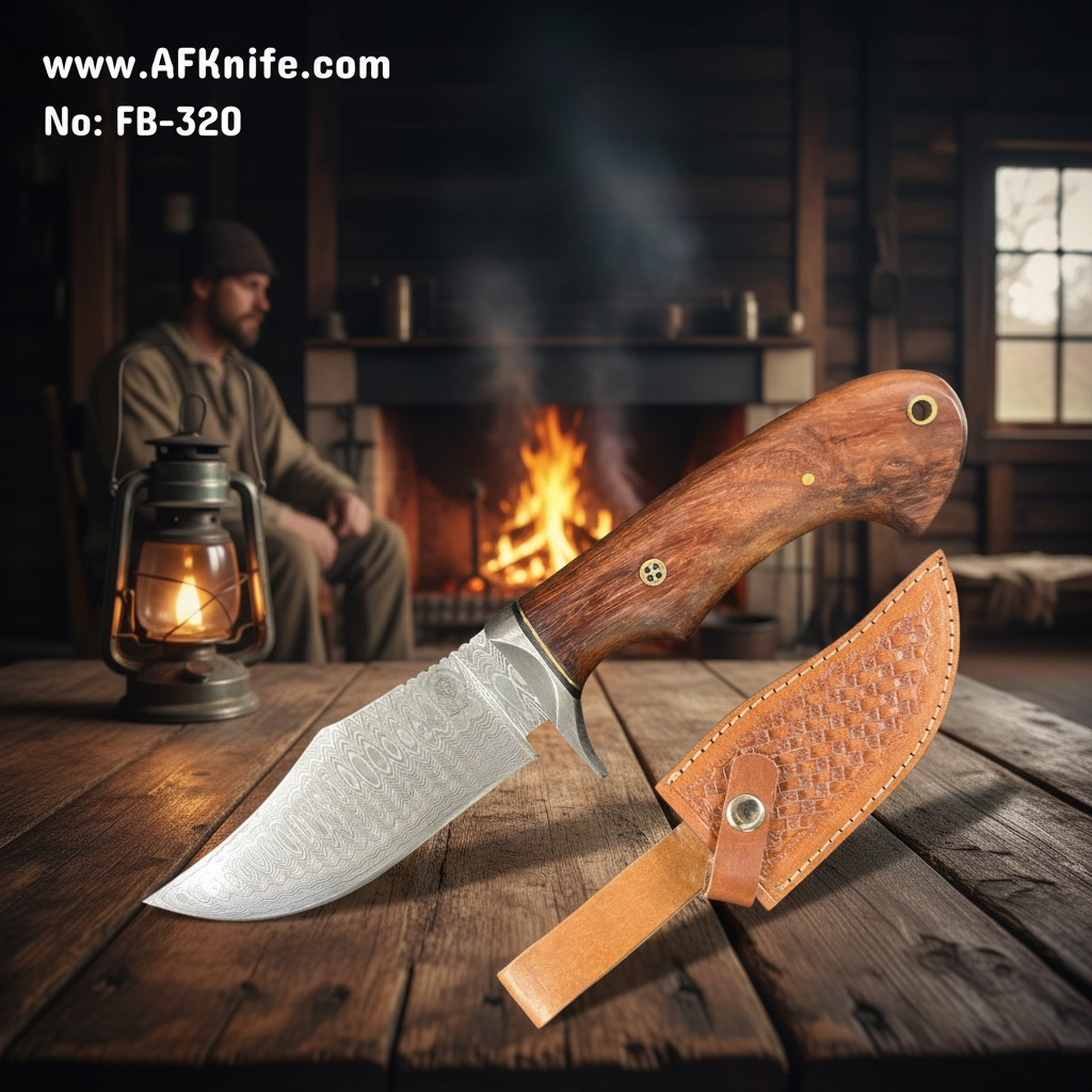 Fixed Blad Damascus 1095 + Walnut Wood Handle + Leather Sheath + 58-59 HRC - Clip Point Style No: FB-320