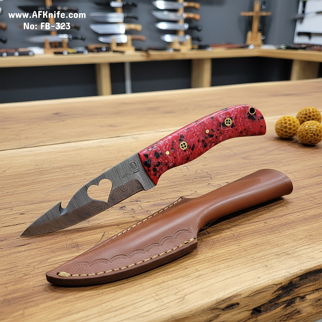 [FB-323 - Damascus] Fixed Blad Damascus 1095 Blade / Carbon Steel 1095 Blade + Epoxy Handle + Leather Sheath + 57-58 HRC - Drop Point No: FB-323 (Damascus 1095)