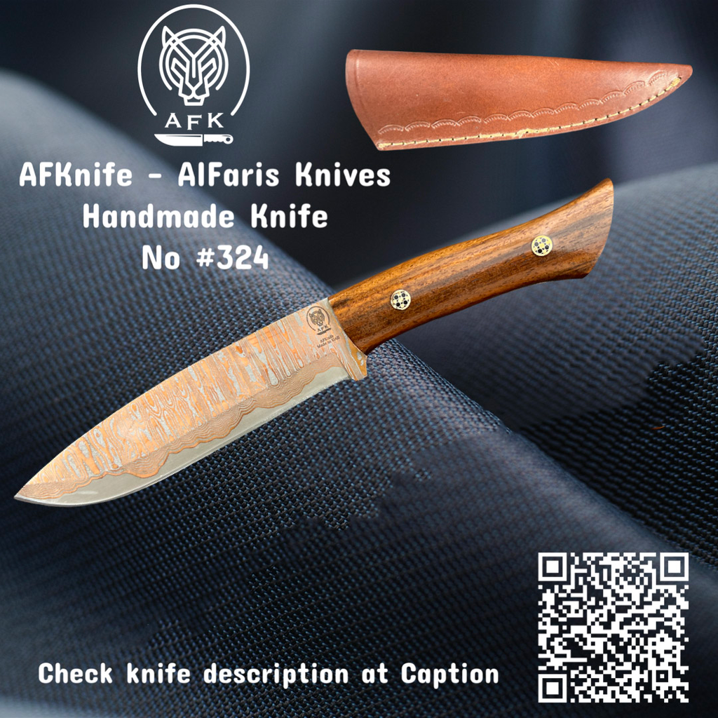 [324-WH] Fixed Blad Drop Point Copper Damascus Knife #324 (Wood ( Dark Brown ))