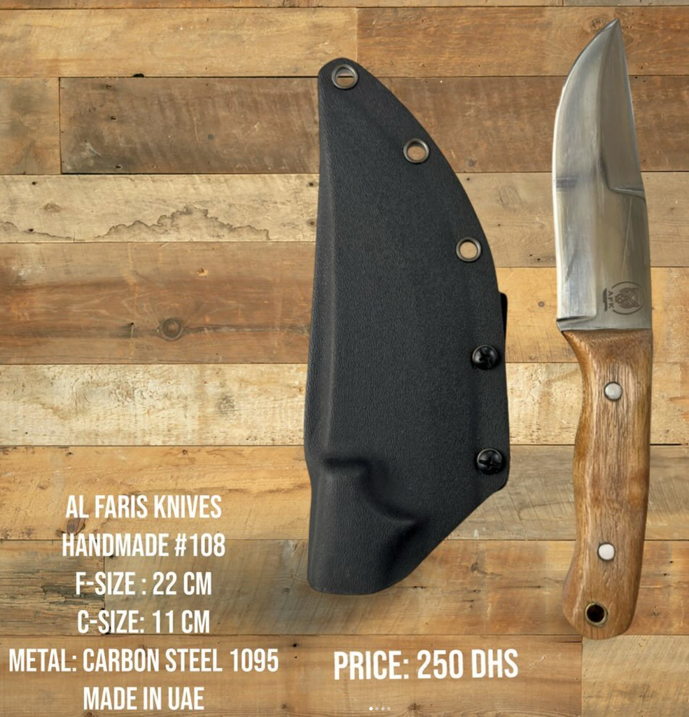 Fixed Blade Carbon Steel 1095 + Handle made of Treated Emirati Sidr Wood + Kydex Sheath + 57-58 HRC - Drop Point Style No: FB-108