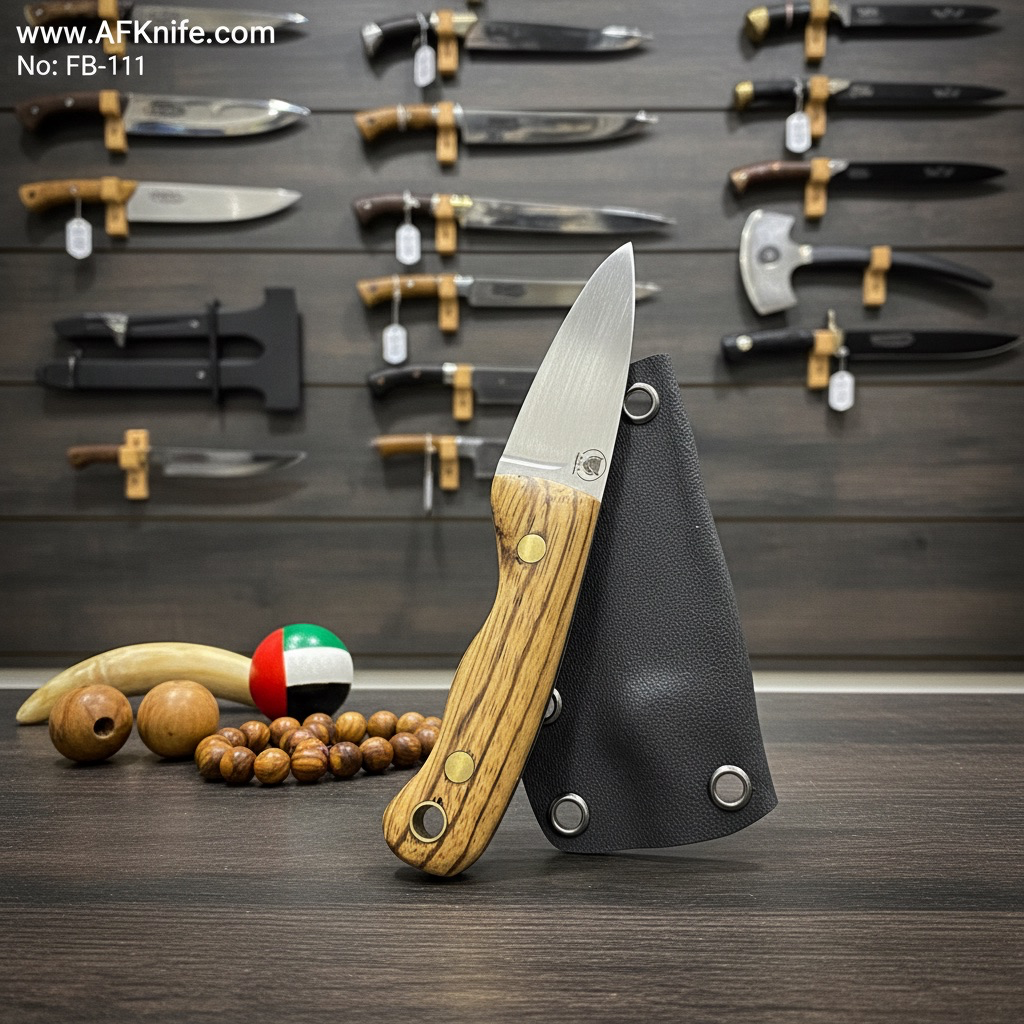 [FB-111] سكين تعليق على الرقبة من معدن الكاربون ستيل ١٠٩٥  ٠ مقبض خشب معالج وغمد كايدكس رقم ١١١