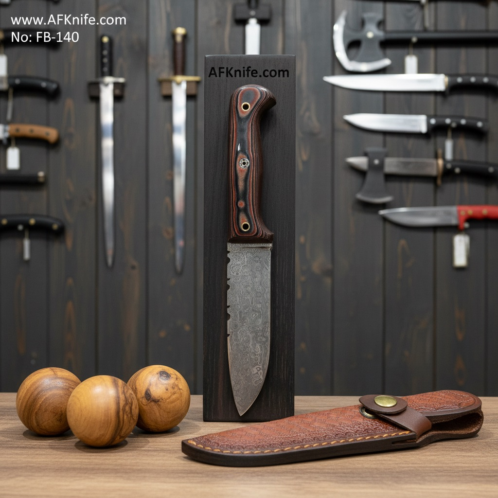 Fixed Blade Damascus Steel 1095 + Mafia Wood Handle + Leather Sheath + 58-59 HRC - Drop Point Style No: FB-140