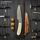 Fixed Blade D2 Tool Steel - Hand Carved on Blade + Camel Bone w/ Steel Handle + Leather Sheath + 58-60 HRC Drop Point Style No: FB-141