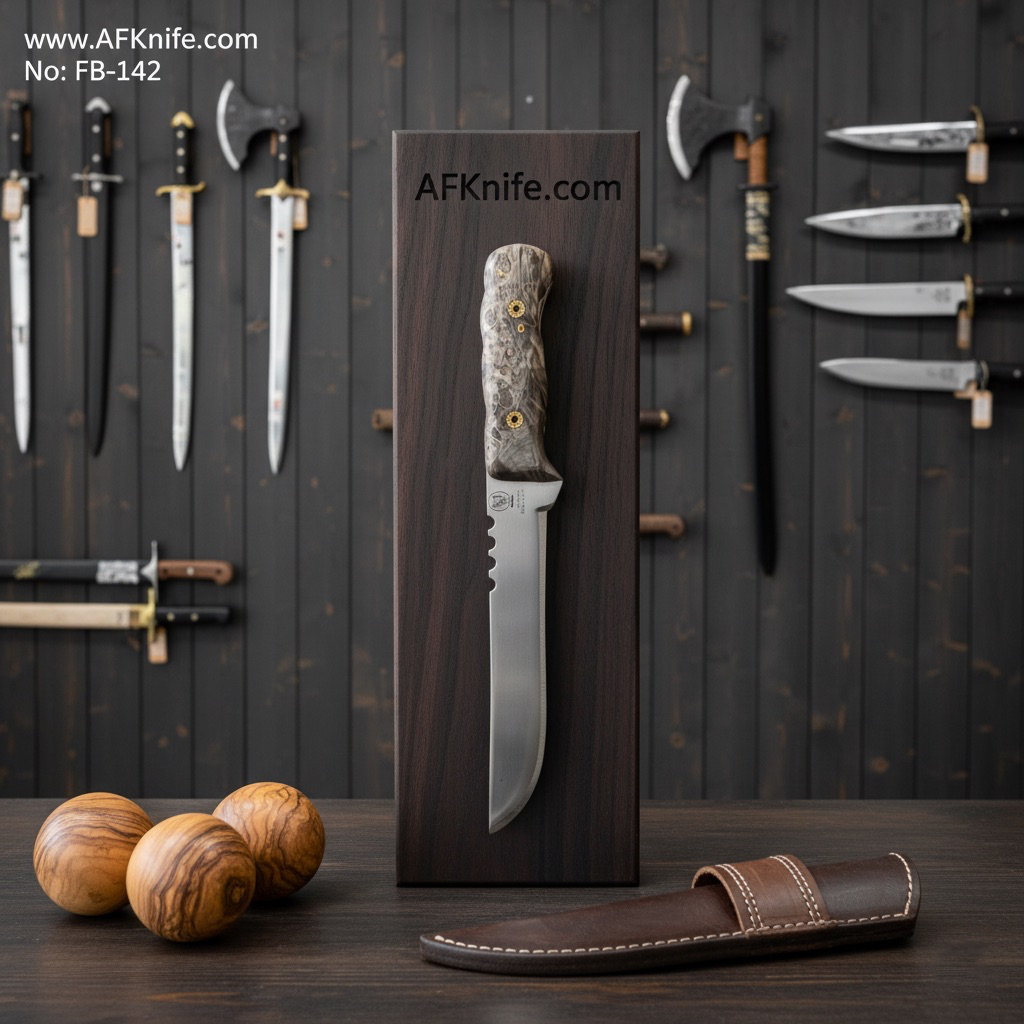 Fixed Blade Carbon Steel 1095 + Marble wood Handle + Leather Sheath + 58-59 HRC - Straight Back Style No: FB-142