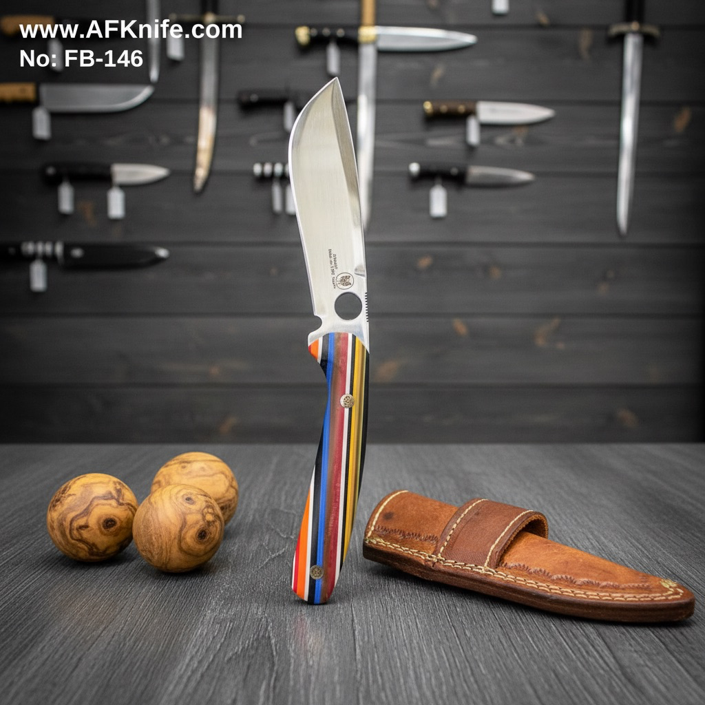 [FB-146] سكين منحني متعدد الاستخدامات - معدن ( كاربون ستيل ١٠٩٥ ) مقبض ( جي ١٠  ملون ) غمد ( جلد ) رقم ١٤٦