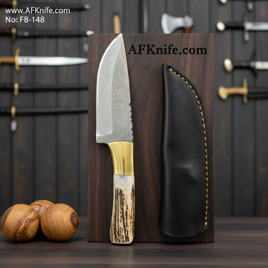 [HRN148] Fixed Blade Damascus Steel 1095 + Deer Horn w/ Copper Handle + Leather Sheath + 58-59 HRC - Drop Point Style No: FB-148