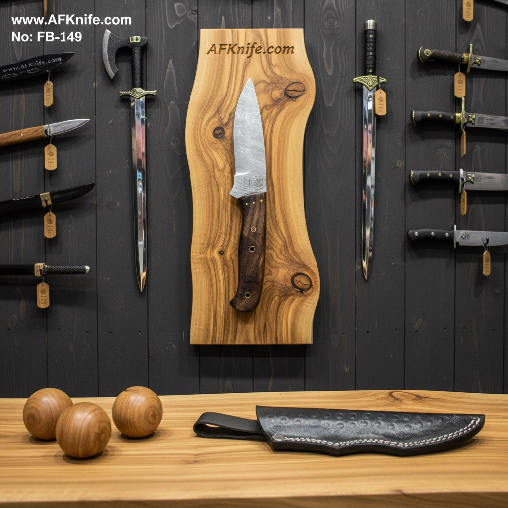 Fixed Blad Damascus Steel 1095 + Wood Handle + Leather Sheath + 57-59 HRC - Drop Point Style No: FB-149