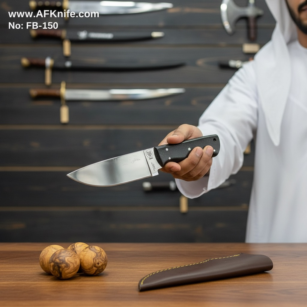 [FB-150] سكين من معدن ( في جي ١٠ ) ومقبض من الخشب وغمد من الجلد رقم ١٥٠