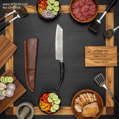 Chef's (kitchen) Knife - AUS-10 Damascus Steel, Deer Horn Handle, Leather Sheath, ( Kiritsuke Style  ) No: Chef-058